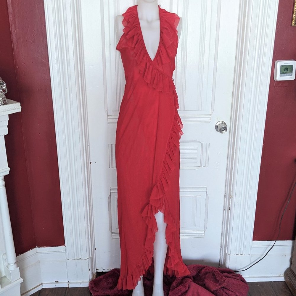 Forplay Red Mesh Ruffle Halter Gown
